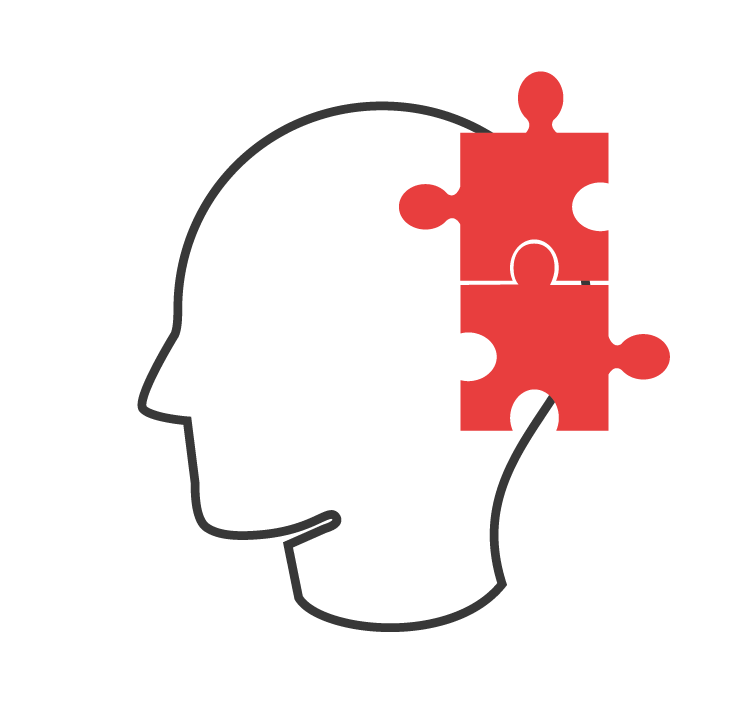 Grafik eines Kopfes mit roten Puzzlestücken, die symbolisch das Denken oder Verstehen darstellen.