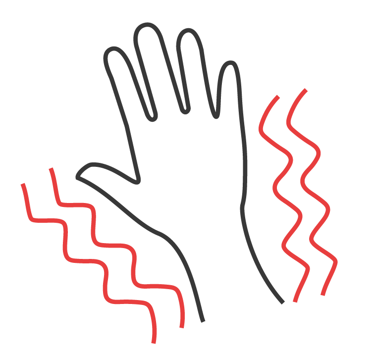 Eine skizzierte Hand mit roten akustischen Wellenlinien, die Bewegung oder Signalgebung darstellen.