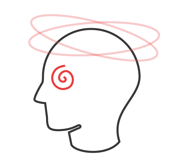 Ein stilisiertes Profil eines Kopfes mit einer spiralförmigen Linie im Auge und kreisenden Linien darüber.