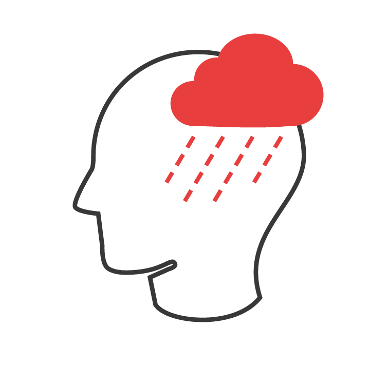 Grafische Darstellung eines Kopfes mit einer rot gefärbten Wolke, aus der Regen herabfällt.