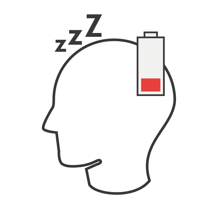 Illustration eines Kopfes mit einem leeren Akku-Symbol und Schlaf-Symbolen, die Müdigkeit darstellen.