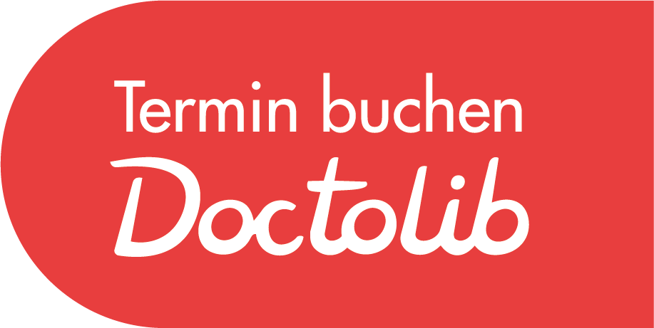 Logo von Doctolib mit dem Text "Termin buchen" auf rotem Hintergrund.